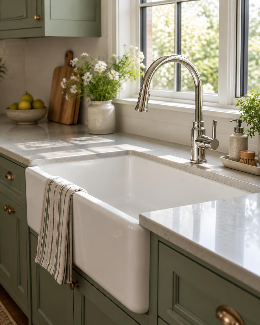 Precisely fitted chrome kitchen faucet and farmhouse sink