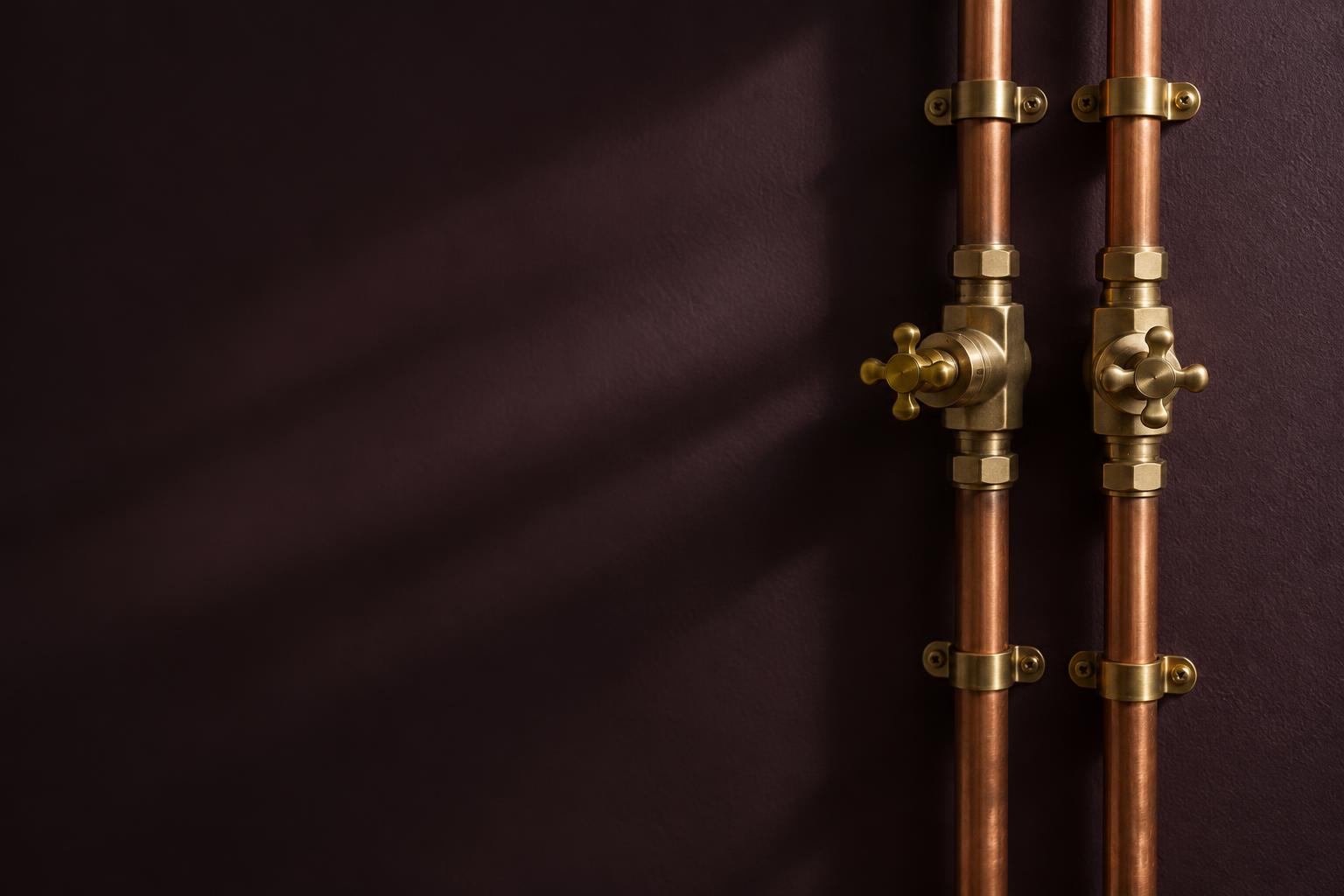 Carefully installed copper pipes and brass shutoff valves