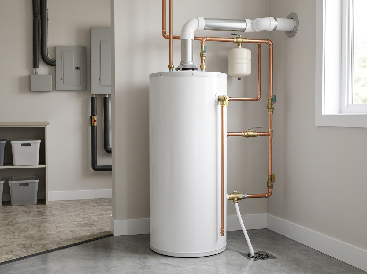 Residential hot water tank with neatly installed copper connections