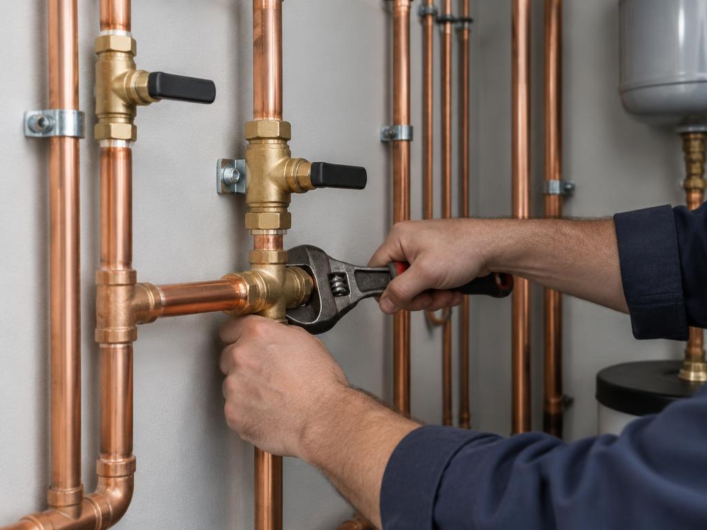 Hands repairing a copper pipe and brass shutoff valve