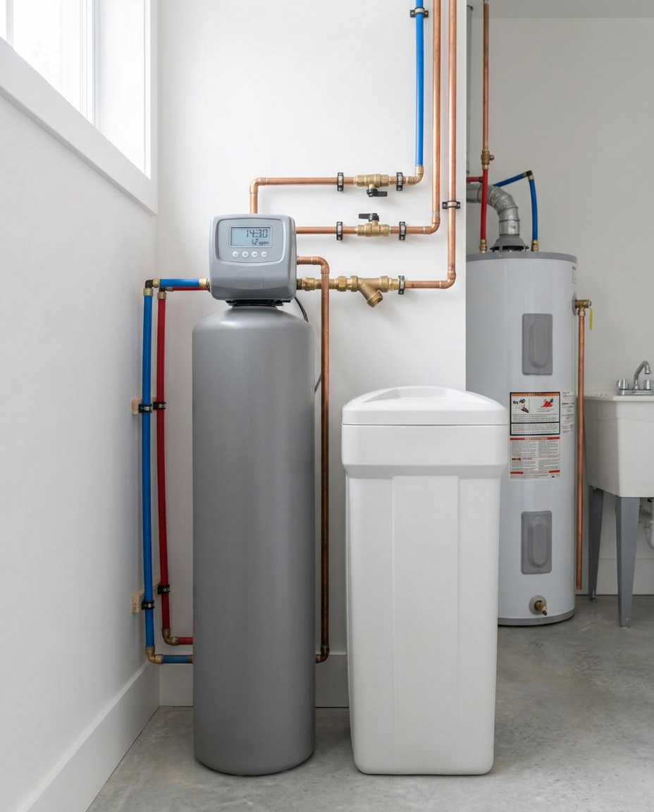 Residential water softener and brine tank with neatly connected supply lines